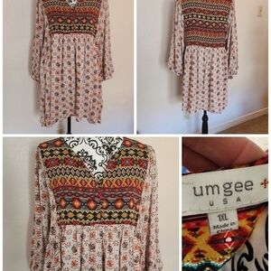Plus Size Aztec Print Peasant Top by Umgee Like New 1X